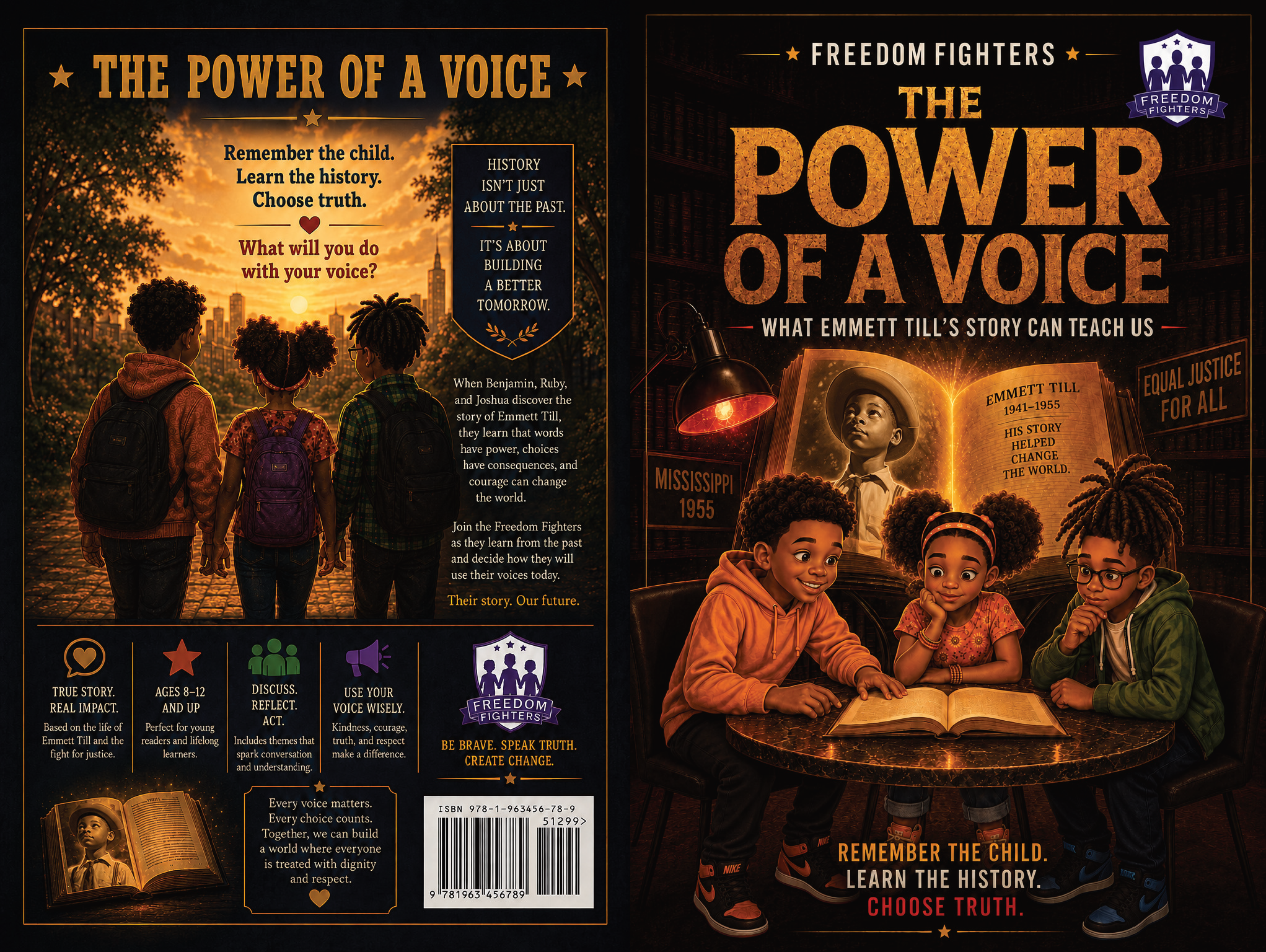 Front cover of The Power of a Voice: What Emmett Till’s Story Can Teach Us, featuring Benjamin, Ruby, and Joshua